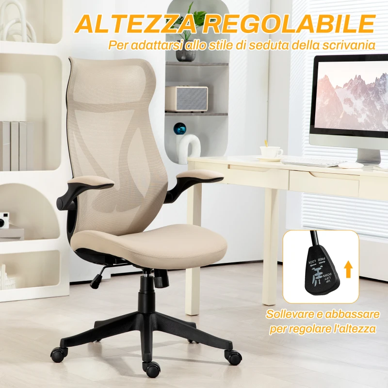 HOMCOM Sedia da Ufficio con Braccioli Ribaltabili, Altezza Regolabile e Schienale Inclinabile, Beige