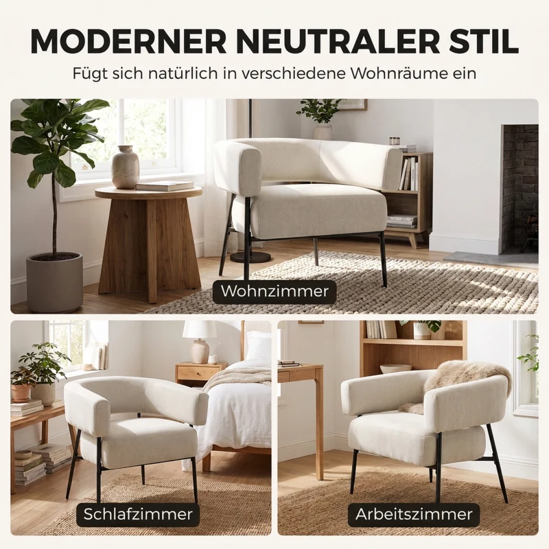 HOMCOM Fauteuil voor Woonkamer, Loungestoel met Dik Kussen, Gestoffeerde Relaxstoel in Linnenlook met Stalen Frame, Beige