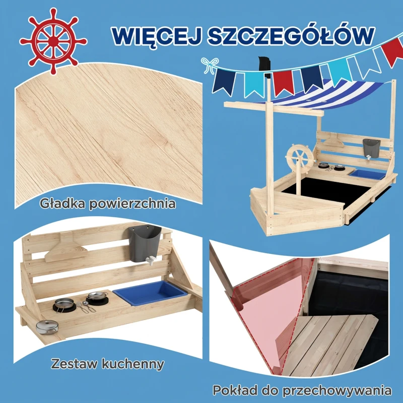 Outsunny Piaskownica w kształcie statku pirackiego z zestawem kuchennym, z ochroną przeciwsłoneczną, z naturalnego drewna, 180 x 103 x 144,5 cm