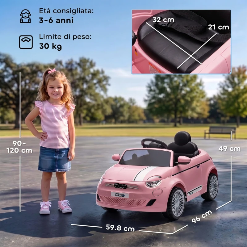 AIYAPLAY Macchina Elettrica per Bambini 12V Fiat 500, Batteria al Litio, 2 Motori, Telecomando, 3-6 Anni, Rosa