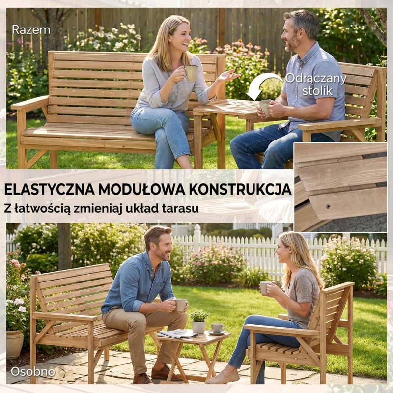 Outsunny Zestaw Mebli Ogrodowych 3-częściowy, Balkonowy z Otworem na Parasol, Fotel, Ławka, Stolik 121x65x90 cm Naturalne Drewno
