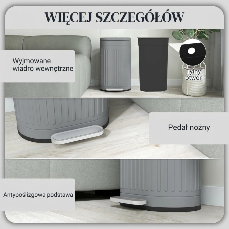 HOMCOM Kosz na Śmieci 30L z Pokrywą i Pedałem, Wyjmowany Wewnętrzny Pojemnik, Funkcja Soft-Close, 36,5 x 31,2 x 60,8 cm, Szary