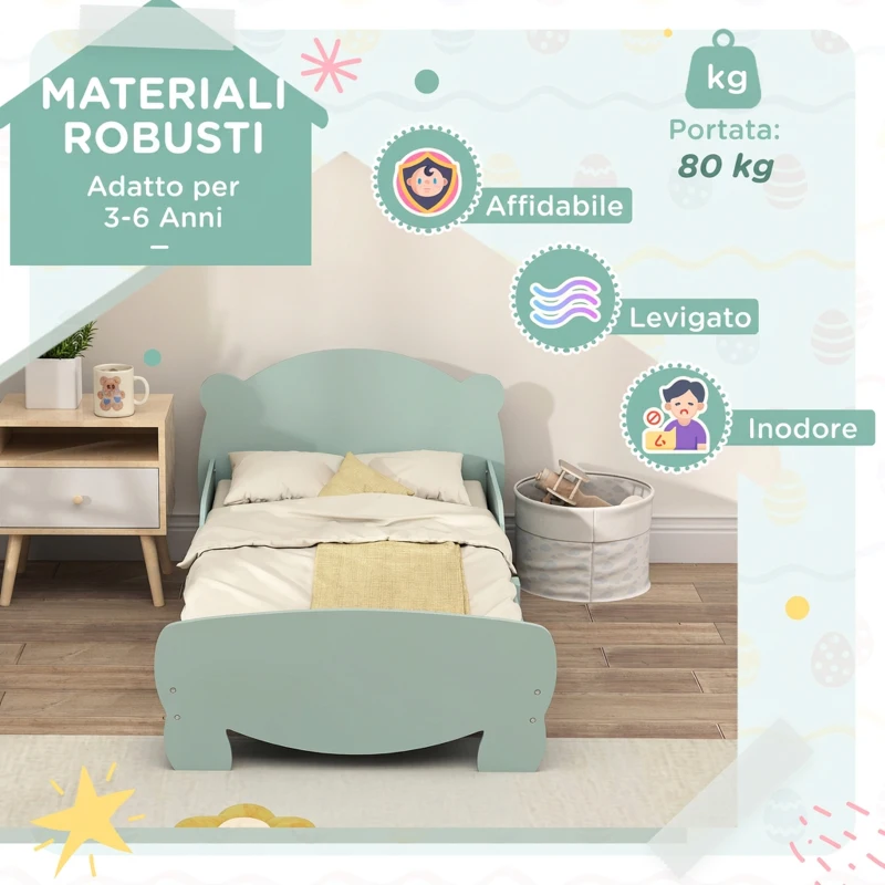 AIYAPLAY Lettino per Bambini con Testiera e Pediera a Orso e 2 Sponde Laterali, in Legno, 143.5x80x55 cm, Verde