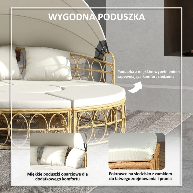 Outsunny Wyspa słoneczna, 4-częściowy zestaw mebli ogrodowych w muszli z rozkładanym daszkiem, stolik kawowy, dwuosobowa kanapa, ławka, zestaw wypoczynkowy do ogrodu, kremowy