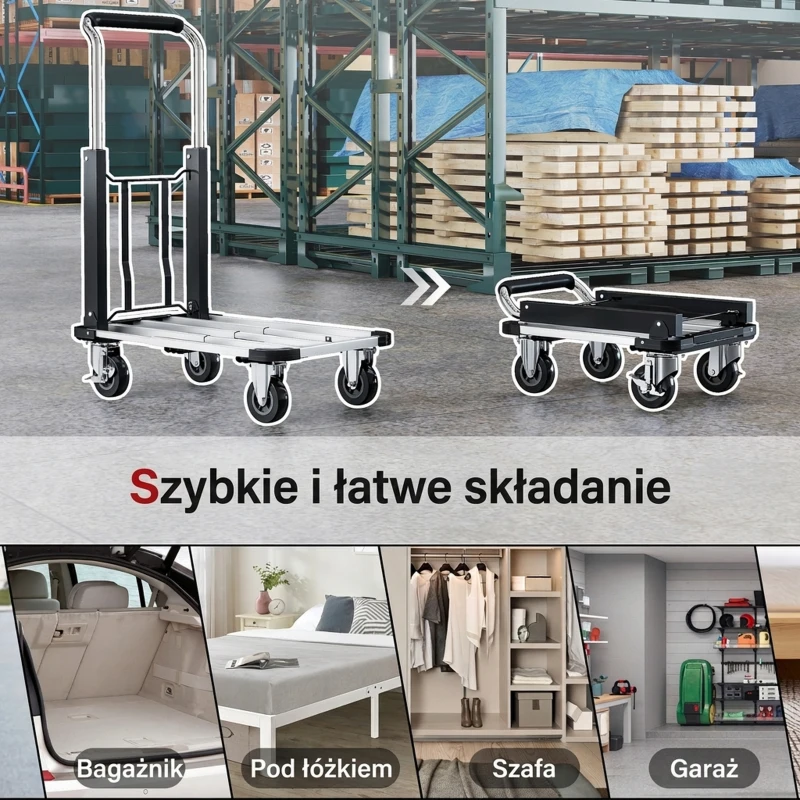 HOMCOM Wózek platformowy transportowy składany, 150 kg, ręczny wózek z hamulcem postojowym, rozsuwaną platformą i regulowanym uchwytem, pomoc transportowa z kółkami kierowanymi, wózek pakowy, srebrny