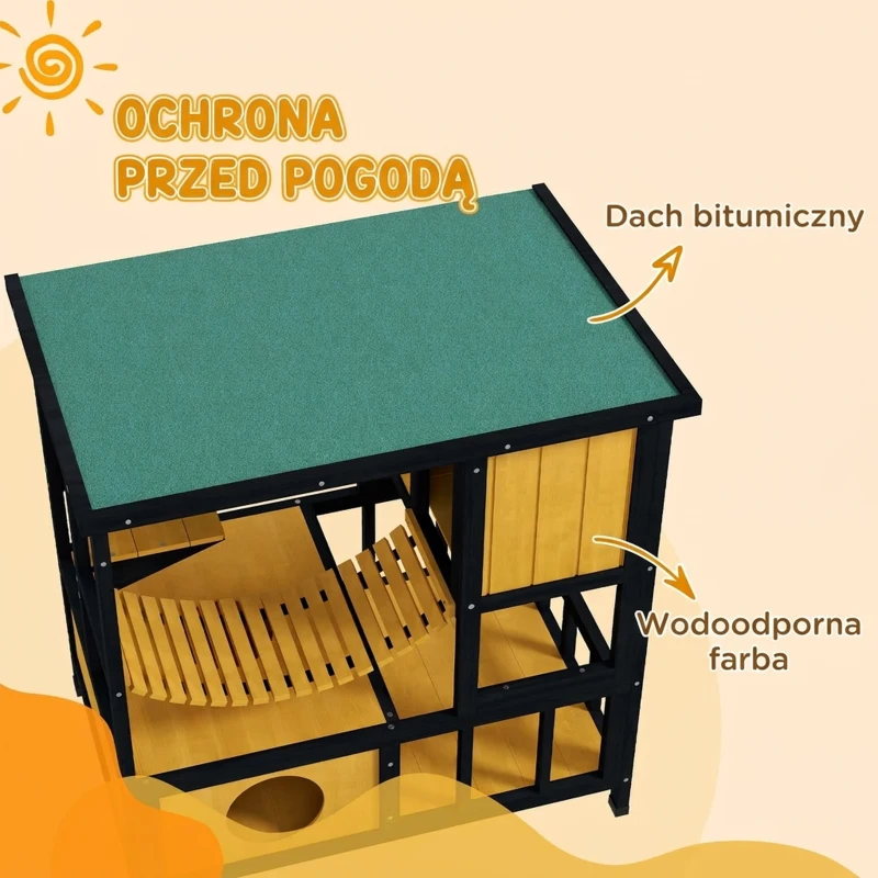 Dom dla Kotów PawHut z Drewna, Kocia Jama, Willa dla Kotów na Zewnątrz, Drewniany Domek dla Kotów z Mostem Wiszącym, Balkonem, Platformą, dach odporny na wodę, dla 1-2 Kotów do 5 kg, Żółty