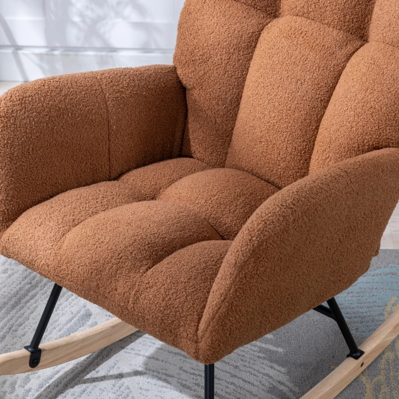 Fauteuil à bascule en tissu teddy, avec poche, dossier enveloppant et base en bois massif, pour salon ou chambre d’enfant, Marron