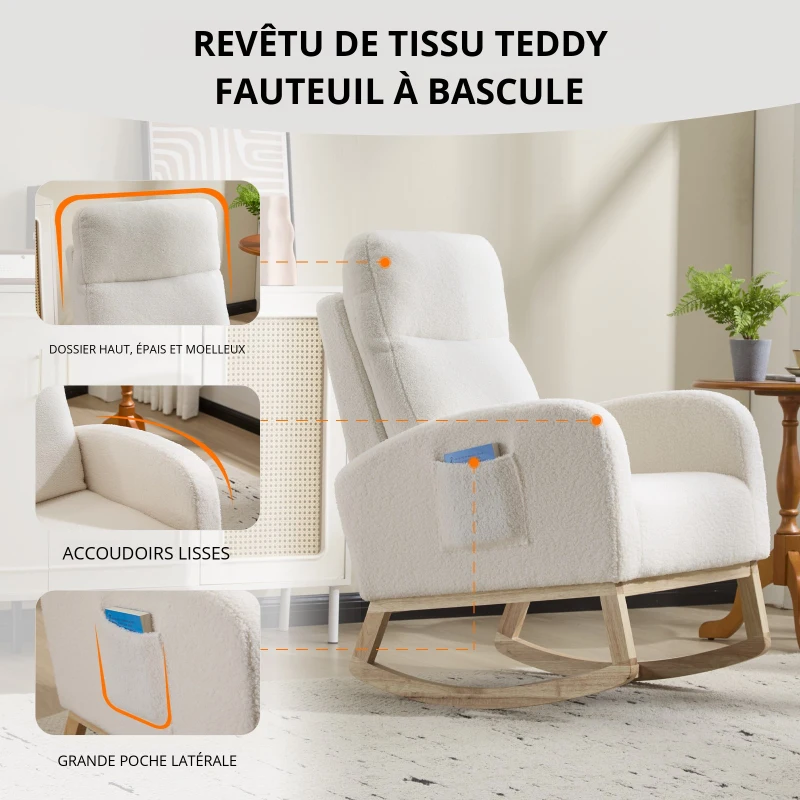 Fauteuil à bascule d’allaitement, dossier haut ergonomique, base incurvée en bois massif, poche latérale, 75x63x104 cm, Blanc