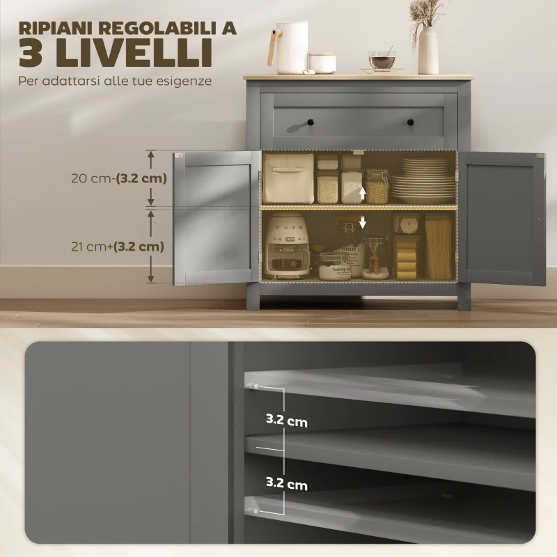 HOMCOM Credenza Cucina con Cassetto e Armadietto con Ripiano Regolabile, in Legno, 78.5x35x80 cm, Multicolore