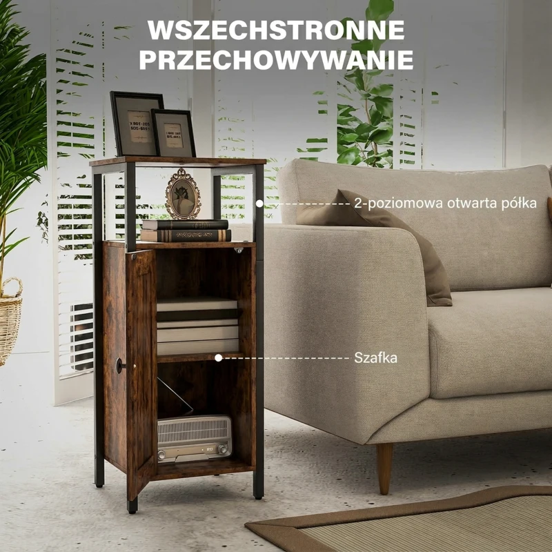 HOMCOM Industrial End Table with Magnetic Door, Small Side Table Storage Cabinet with Adjustable Shelf, Rustic Brown