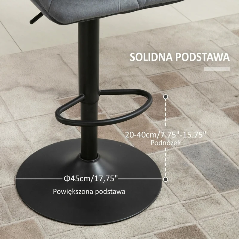 HOMCOM Zestaw 2 Barhockerów, Obite Barstoły z Metalową Ramą, Oparciem, Wygląd Aksamitu, Regulowana Wysokość, Krzesła Kuchenne z Podnóżkiem, Obrotowe 360°, do Kuchni, Salonu, Jadalni, Szare