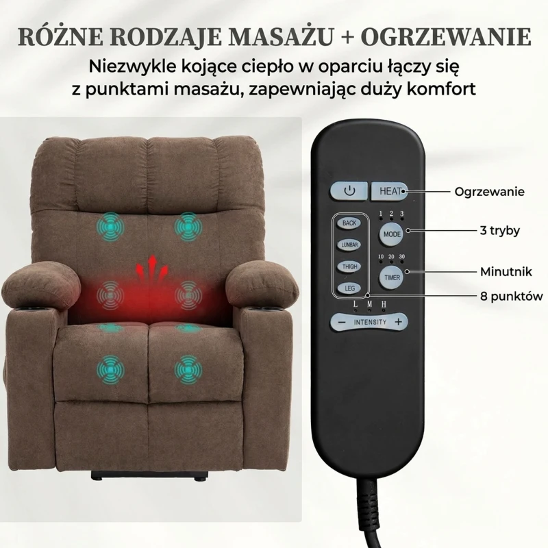 HOMCOM Fotel relaksacyjny z funkcją podnoszenia, elektryczny, 90x75x100 cm, Brązowy