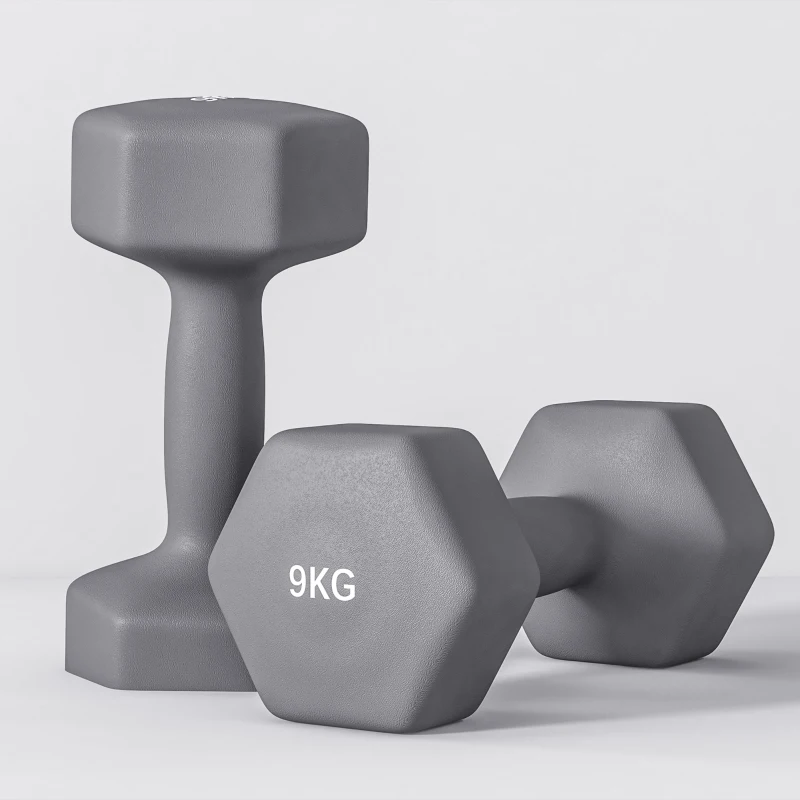 SPORTNOW Set 2 Manubri Esagonali da 9 kg in Metallo e Plastica con Impugnatura Antiscivolo, 25x11x11cm, Grigio