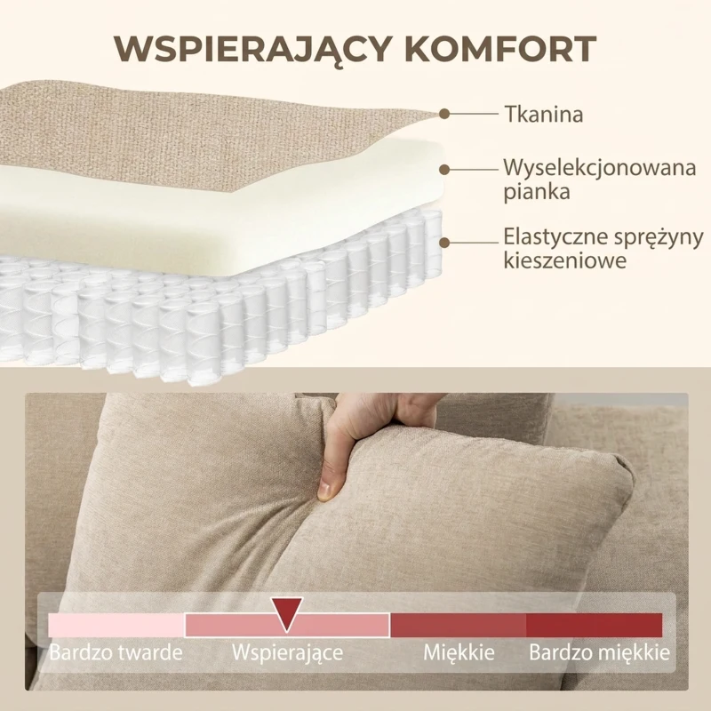 Narożna Sofa HOMCOM z Zmiennym Narożnikiem, Zintegrowane Siedzisko, Duża 3-osobowa Sofa w Kształcie Litery L z Sprężynowym Siedziskiem, 2 Poduszki, Stalowa Rama, Sofa do Salonu, Kolor Beżowy