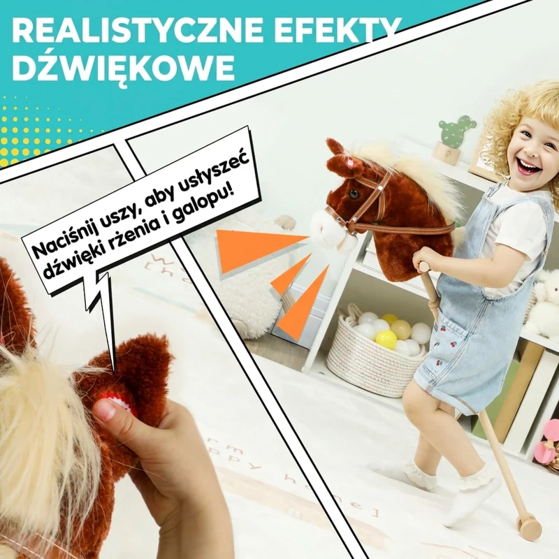 AIYAPLAY Konik na patyku dla dzieci z dźwiękami, uchwytami, kółkami, idealny do jazdy, dla dzieci 24+ miesięcy, Brązowy