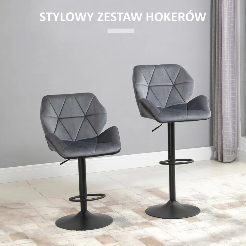 HOMCOM Zestaw 2 Barhockerów, Obite Barstoły z Metalową Ramą, Oparciem, Wygląd Aksamitu, Regulowana Wysokość, Krzesła Kuchenne z Podnóżkiem, Obrotowe 360°, do Kuchni, Salonu, Jadalni, Szare