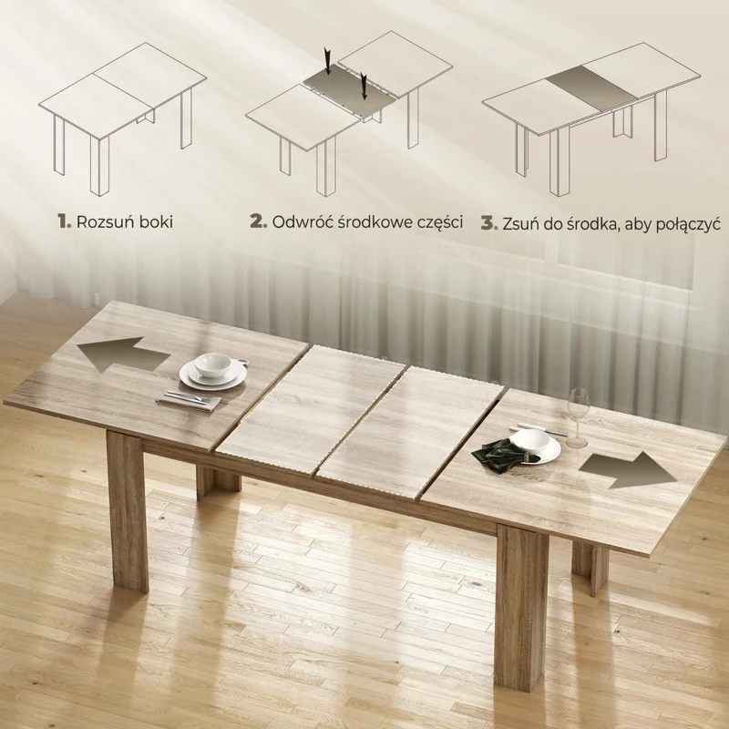 Rozkładany stół HOMCOM 180-260 x 90 cm, stół kuchenny dla 8-10 osób, nowoczesny stół do małych przestrzeni, jadalnia, dąb