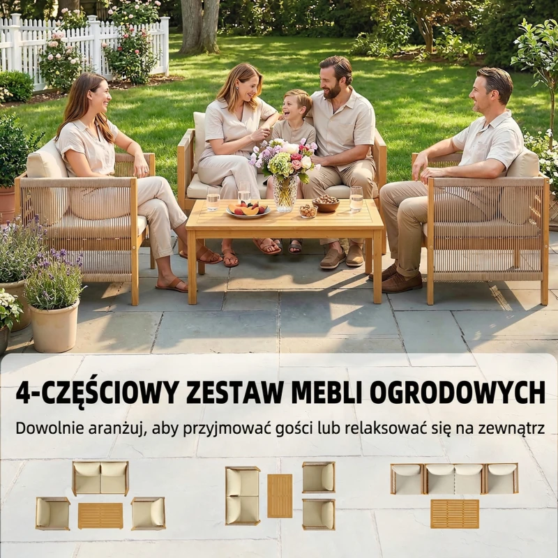 Outsunny Zestaw mebli ogrodowych z drewna dla 4 osób – kanapa, 2 fotele, stolik, dekoracja z lin, lamelowe wykończenie, zdejmowane poduszki