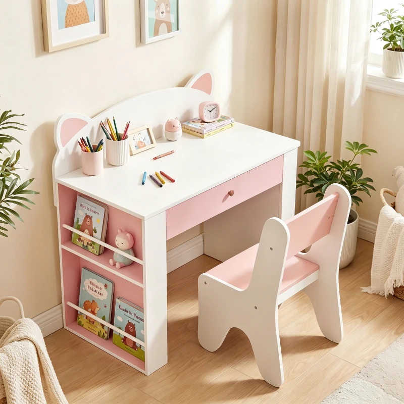 AIYAPLAY Kindertafel en stoelset voor leren en spelen, met lade en boekenrek, wit/roze