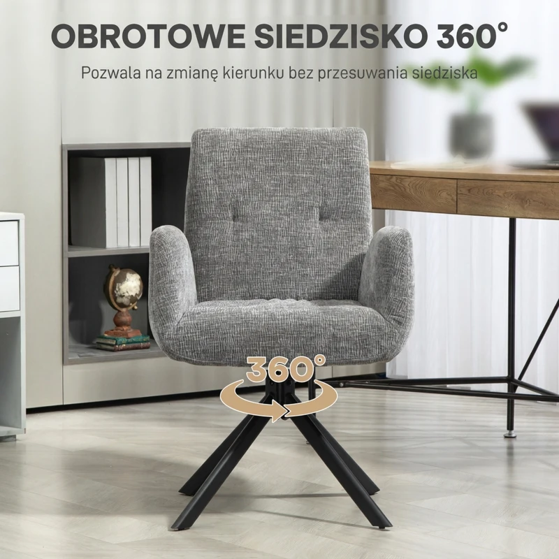 Obrotowy fotel lounge z podłokietnikami, szary, len-welur