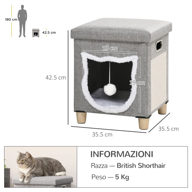 PawHut Casetta per Gatti con Tiragraffi, Cuscino e Pallina, in Legno e Poliestere, 35.5x35.5x42.5 cm, Crema e Grigio