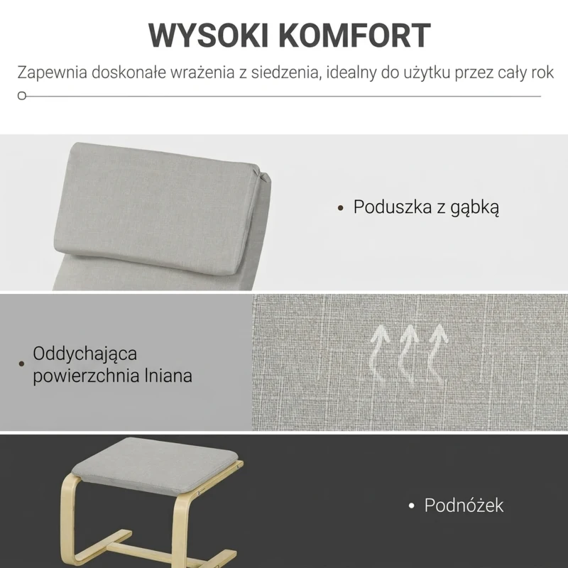 HOMCOM Fotel klubowy z podnóżkiem, pokrowiec imitujący len, drewniana rama, do 120 kg, Jasnoszary/Natura
