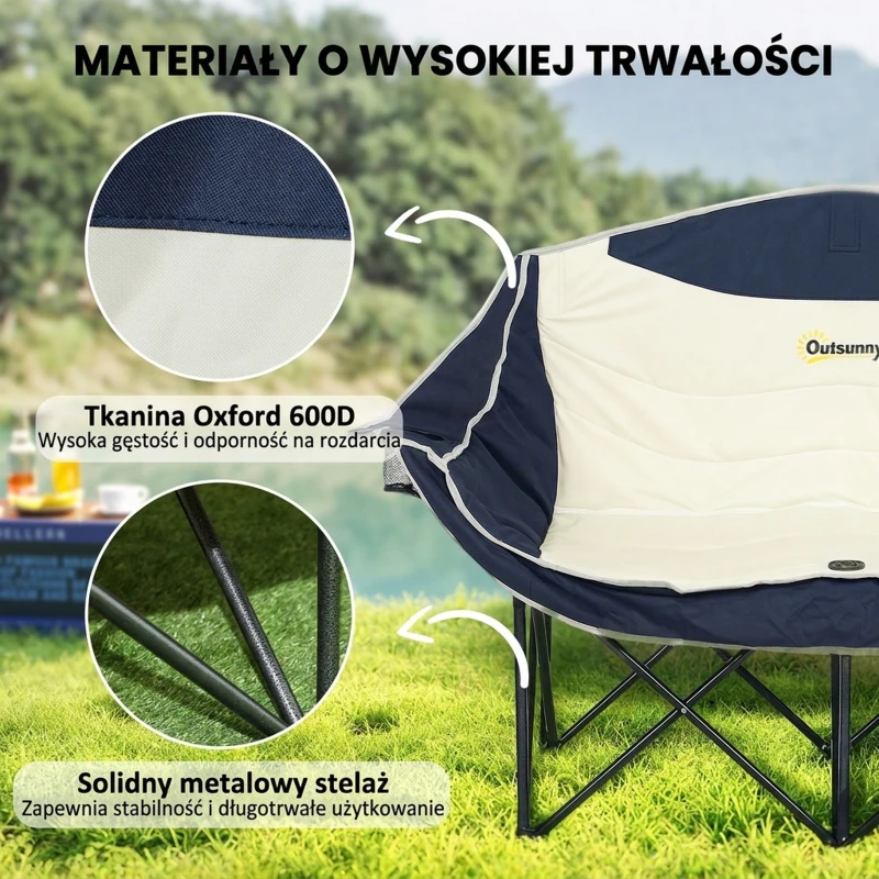 Outsunny Składany fotel 2-osobowy kempingowy z uchwytem na napoje, torbą transportową, do 250 kg, niebieski
