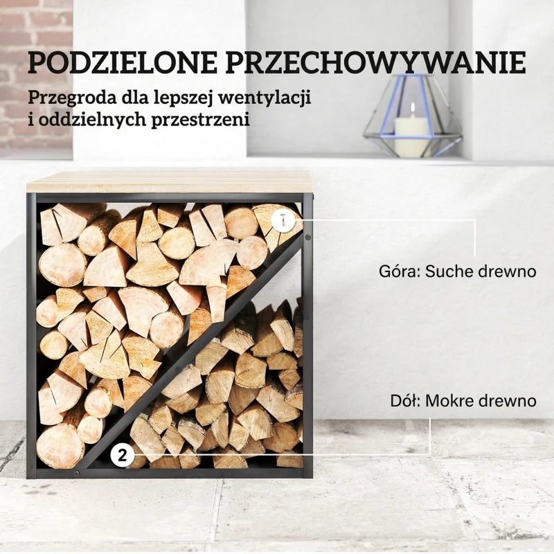 Outsunny 2-w-1 Wewnętrzny regał na drewno kominkowe 58 x 36 x 60 cm, podwyższony regał na drewno z przegrodą, stojak na drewno kominkowe, regał na drewno, metal, czarny