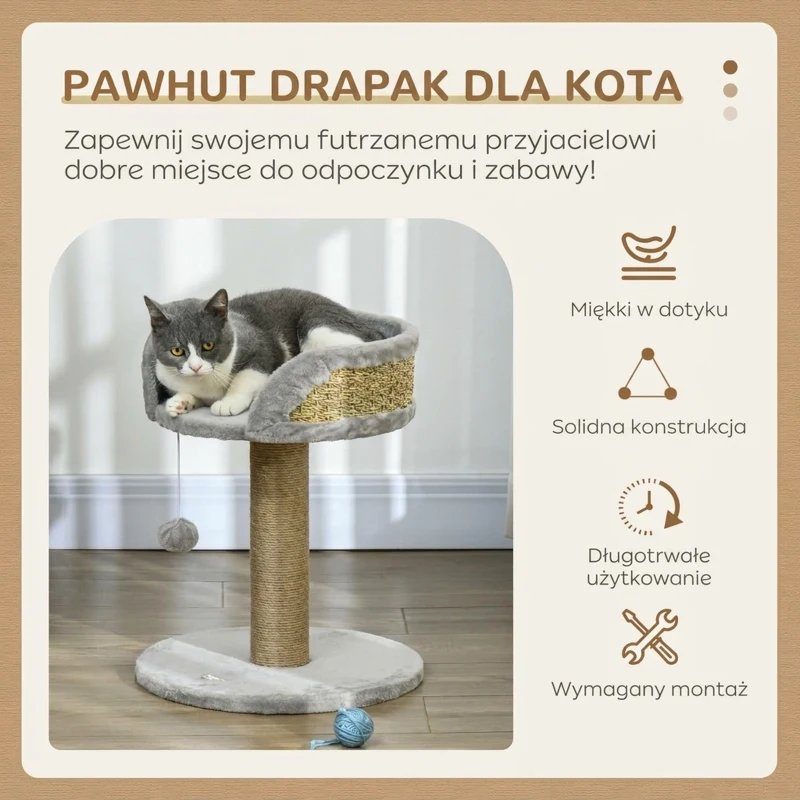 Koty drapak PawHut, 49 cm, z piłką, kolor kawowy