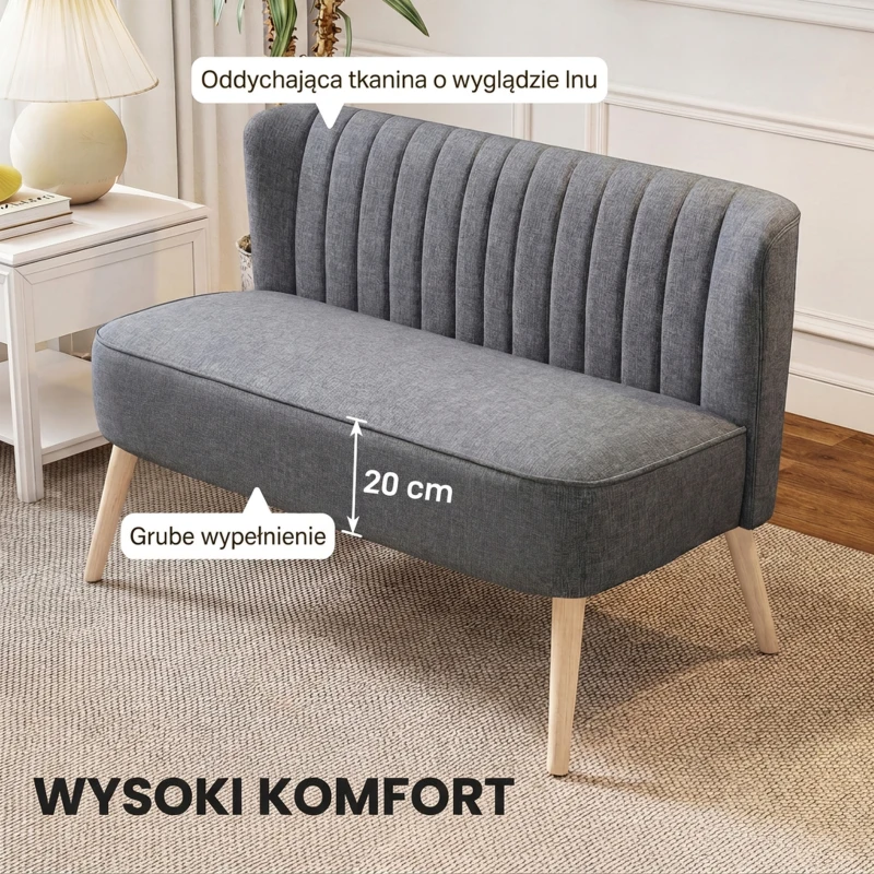 HOMCOM Sofa dwuosobowa, Mała Sofa Loveseat w wyglądzie lnu, Nowoczesna Sofa do Salonu, Sypialni, Małych Pomieszczeń, Szara, 117 x 56,5 x 77 cm