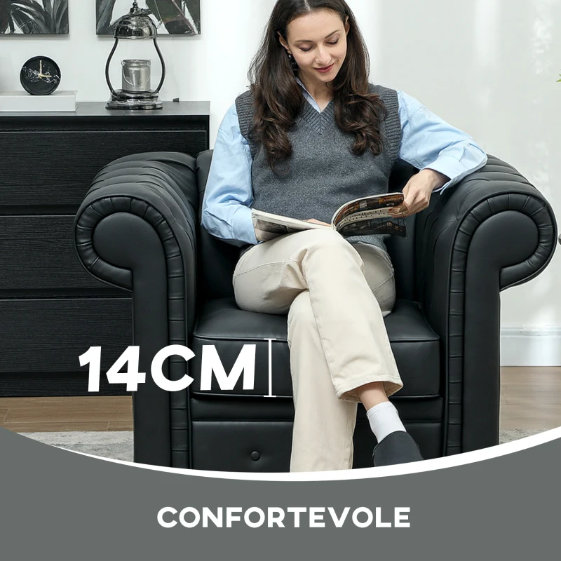 HOMCOM Poltrona da Salotto Stile Chesterfield in Finta Pelle PU con Gambe in Legno, Nero