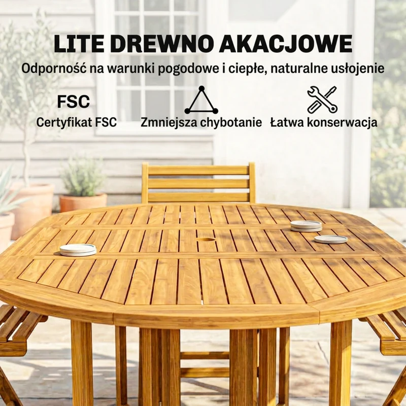 Outsunny Zestaw mebli ogrodowych FSC drewno 7-częściowy, rozkładany stół z 6 składanymi krzesłami, otwór na parasol, design lamelowy