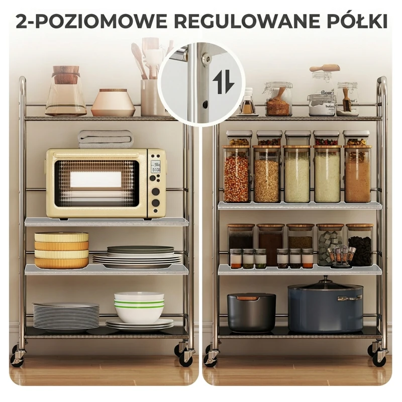 HOMCOM Wózek kuchenny, 4 poziomy, regulowane półki, uchwyty, do kuchni i salonu, srebrny, 60 x 35 x 100 cm