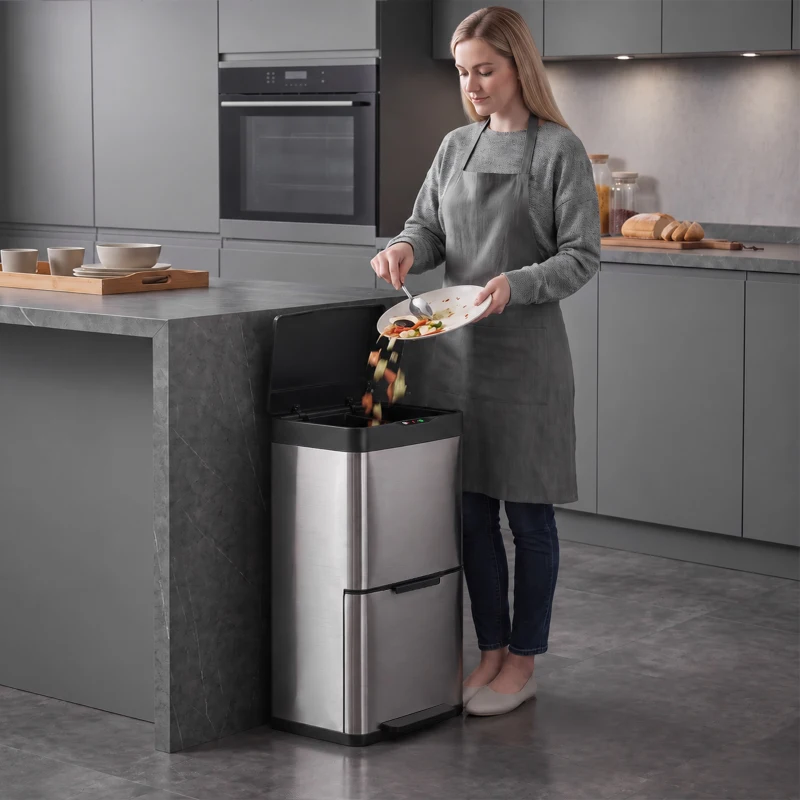 HOMCOM Coș de Gunoi Automat cu Senzor pentru Colectare Selectivă, 3 Compartimente (2 x 12,5 L + 15 L), din Oțel Inoxidabil, Găleți Detașabile