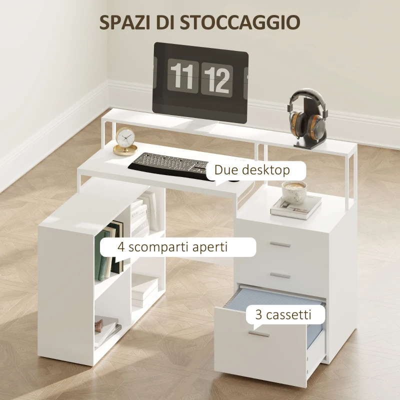 HOMCOM Scrivania Ufficio con 2 Tavoli, 4 Ripiani, 3 Cassetti e Supporto per Monitor, in Legno, 138.5x90x92 cm, Bianco