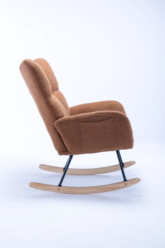 Fauteuil à bascule en tissu teddy, avec poche, dossier enveloppant et base en bois massif, pour salon ou chambre d’enfant, Marron