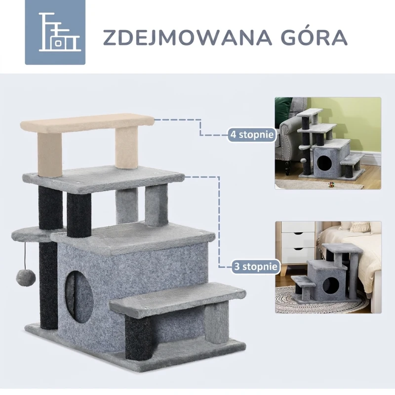Schody dla zwierząt domowych 3/4-stopniowe schody dla kota z legowiskiem do spania i wiszącą piłką dla psa rampa dla psa schody dla zwierząt płyta wiórowa pluszowy czarny+szary 60 x 40 x 66 cm
