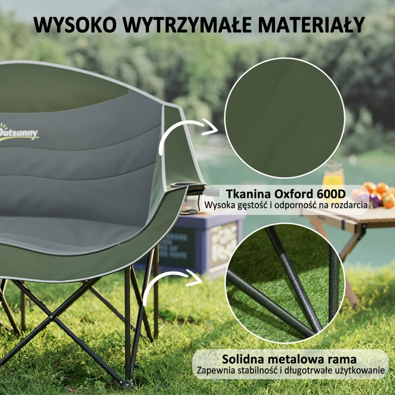 Outsunny Składany Fotel 2-osobowy Krzesło Kempingowe z Torbą Transportową, Wytrzymałość do 250 kg, Zielony