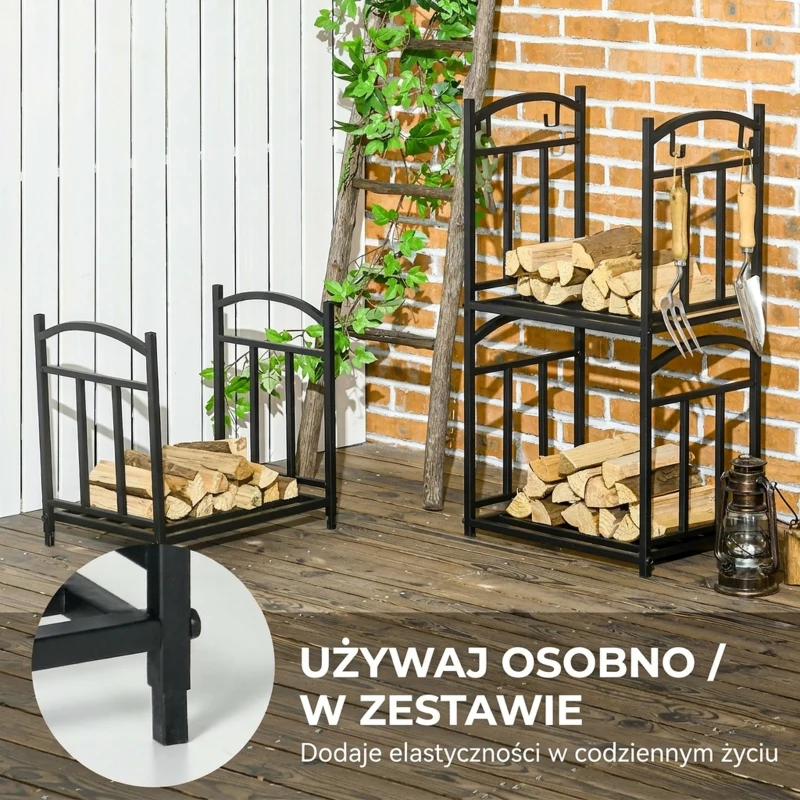 Stojak na drewno kominkowe Outsunny, wewnętrzny, 46 x 32 x 126 cm, 3 poziomy, z 4 hakami, uchwytami, czarny metal