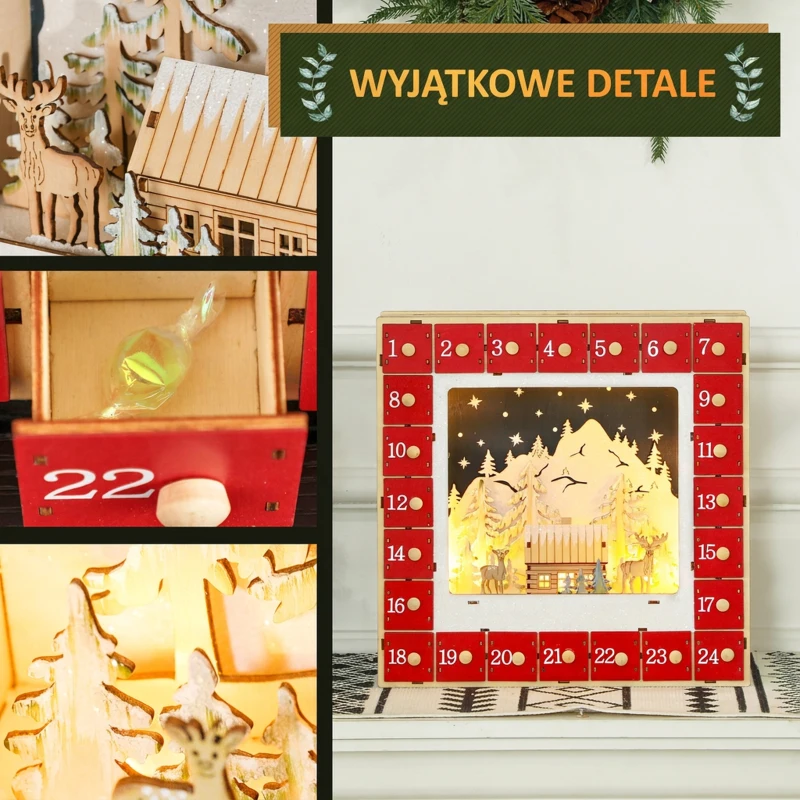 HOMCOM Kalendarz Adwentowy LED z Sceną Wiejską, 24 Duże Szuflady, MDF, 34 x 7 x 34 cm, Czerwony