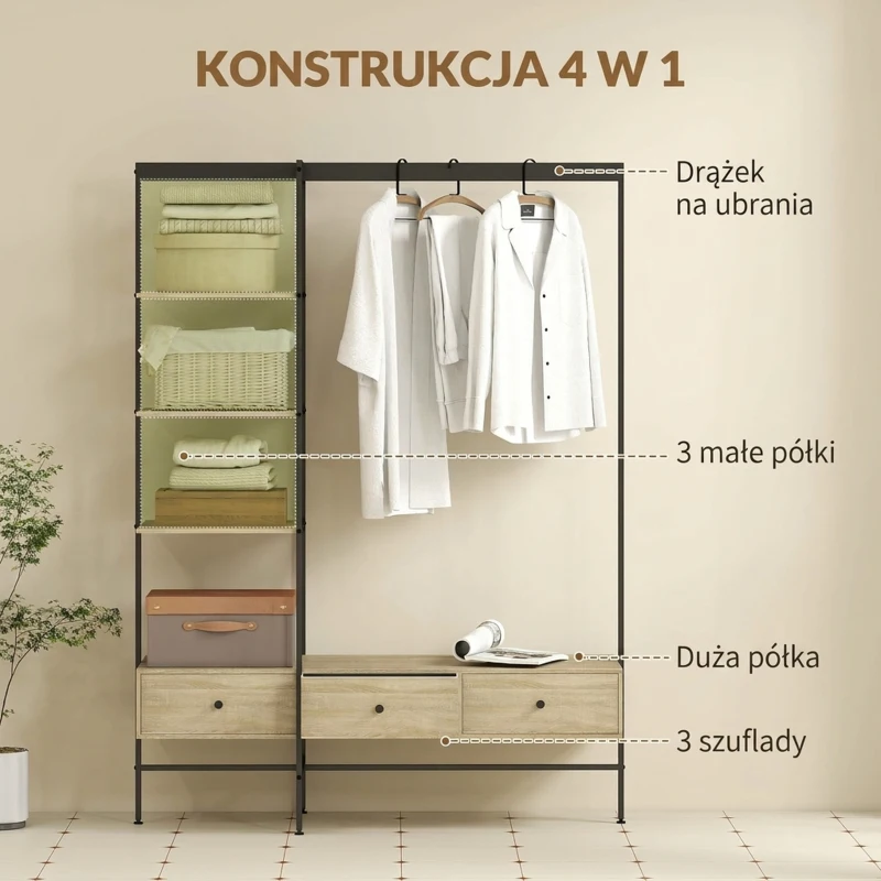 HOMCOM Garderoba z półkami, szufladami i drążkiem na ubrania, 180 cm wolnostojąca garderoba w nowoczesnym stylu, metalowa rama, dąb