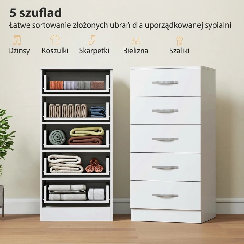 HOMCOM Komoda z 5 szufladami, szafka na ubrania i przybory, płyta wiórowa, biała