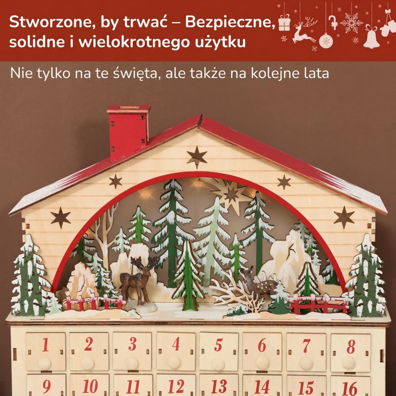 HOMCOM Kalendarz adwentowy do napełniania, 24 szufladki, Świąteczny kalendarz z LED, Dekoracje świąteczne, Pudełko adwentowe, Naturalne drewno, 36 x 10 x 34 cm