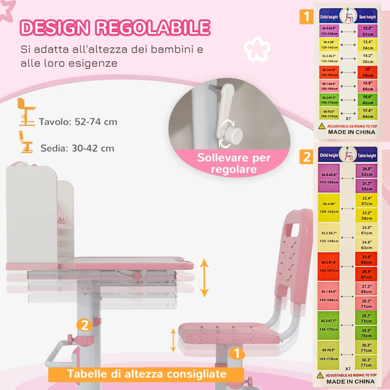 ZONEKIZ Set Scrivania per Bambini con Sedia Regolabile in Altezza e Piano Inclinabile, Età 6-12 Anni, Rosa