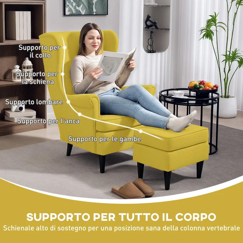 HOMCOM Poltrona con Poggiapiedi in Stile Contemporaneo, in Tessuto Effetto Lino e Legno di Caucciù, 75x83x104 cm, Giallo
