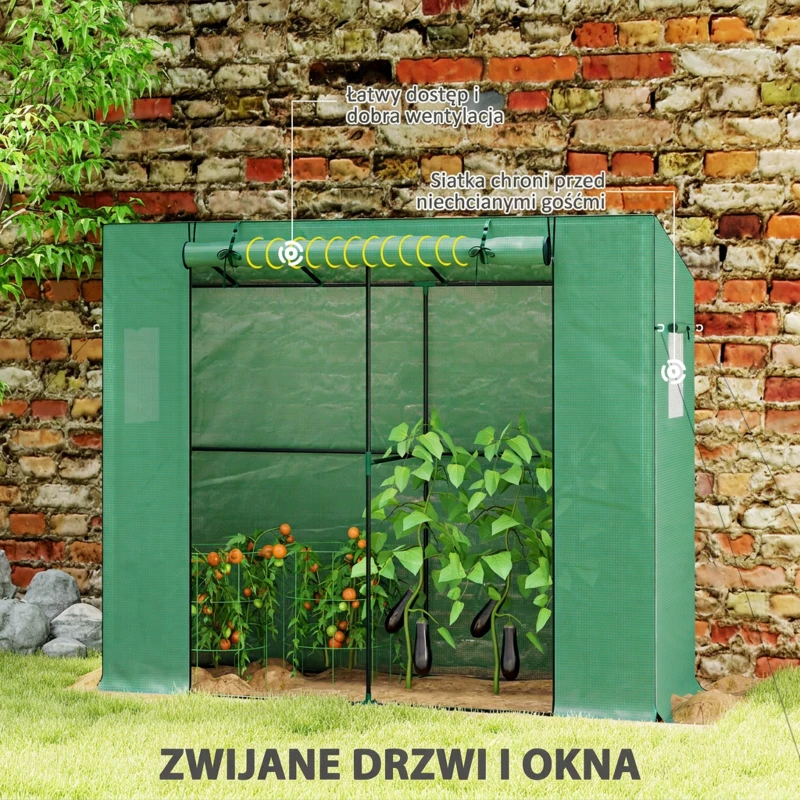 Outsunny Mini szklarnia przyścienna z rolowanymi drzwiami i siatkowymi oknami, odporna na UV, do roślin, sadzonek i kwiatów, zielona