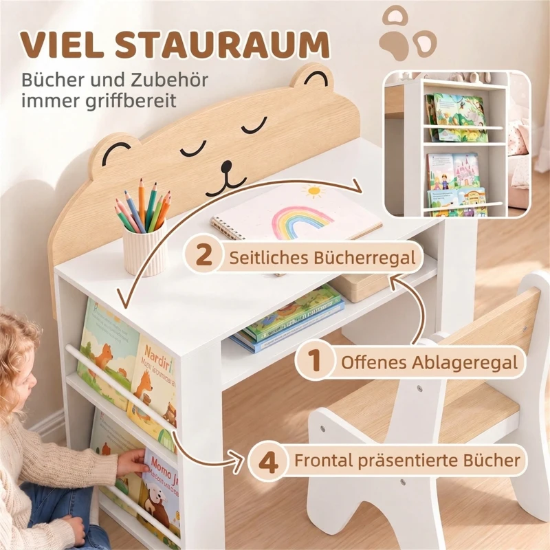 AIYAPLAY Kinder tafel- en stoelset om te leren en tekenen, kinderset met boekenkast, wit