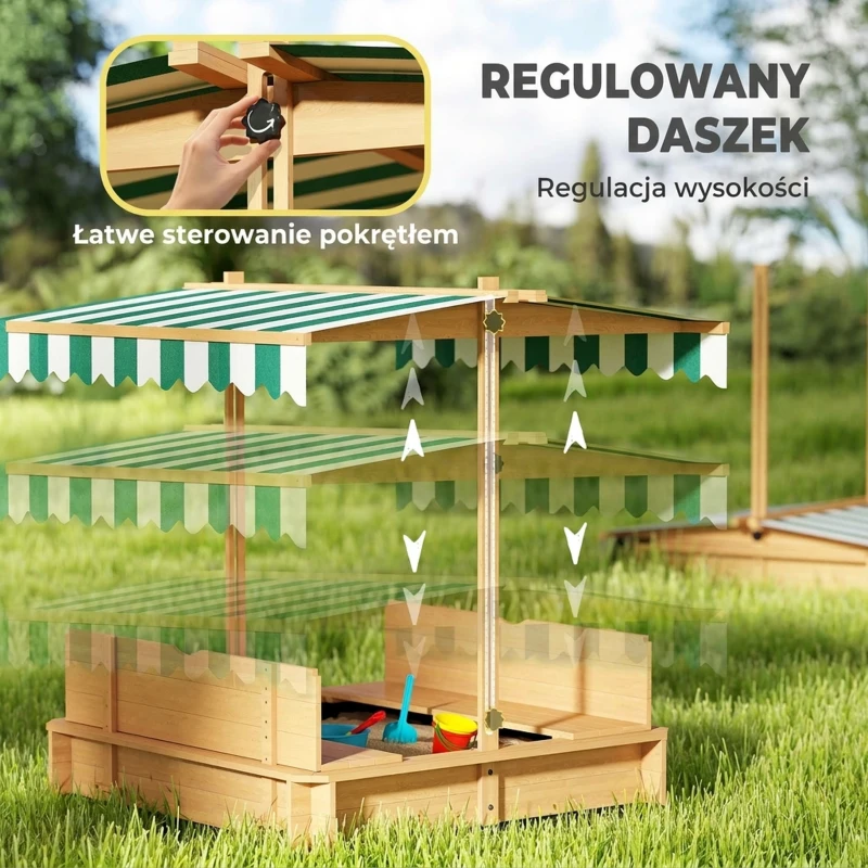 Outsunny Piaskownica 106x106 cm dla dzieci z drewna z regulowanym daszkiem, ławkami i oparciami jasnobrązowa