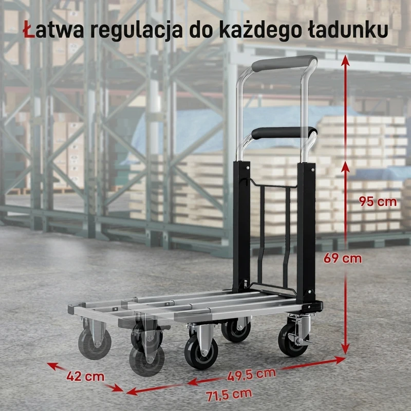 HOMCOM Wózek platformowy transportowy składany, 150 kg, ręczny wózek z hamulcem postojowym, rozsuwaną platformą i regulowanym uchwytem, pomoc transportowa z kółkami kierowanymi, wózek pakowy, srebrny