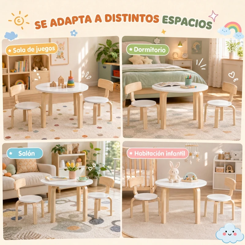 AIYAPLAY Mesa Infantil con 2 Sillas Apilables 3 Piezas Mesa Redonda Juego de Madera Niños 3-8 Años para Guardería Aulas Blanco